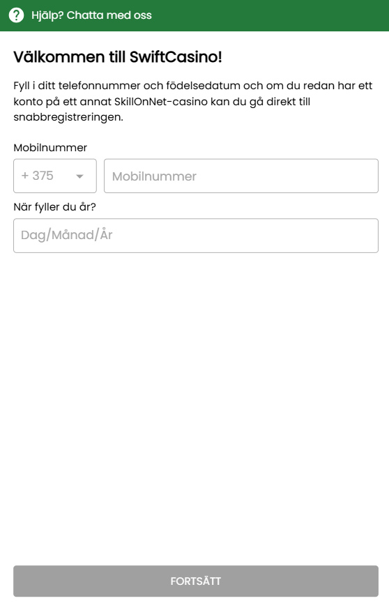 Registreringsformulär för Swift Casino-konto