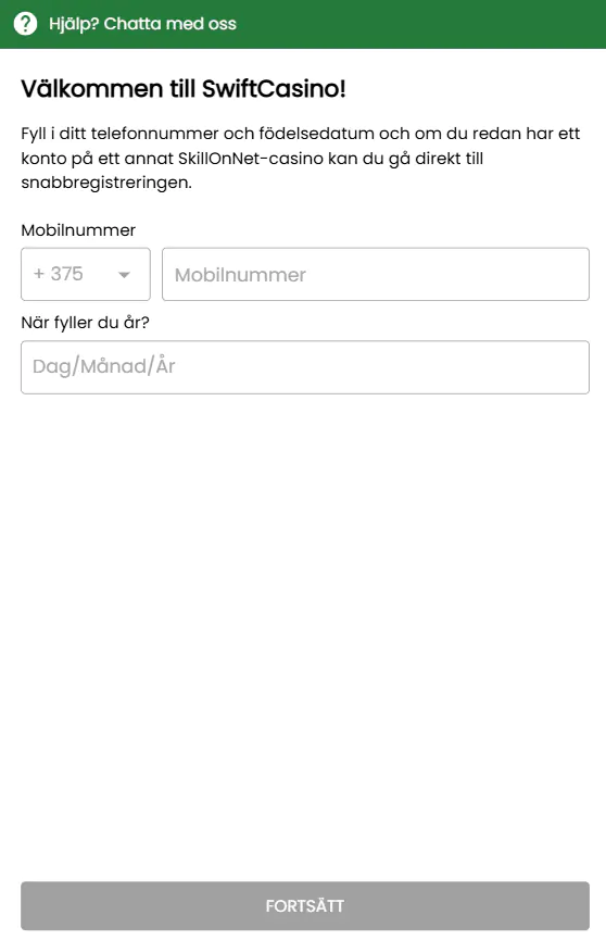 Registreringsformulär för Swift Casino-konto