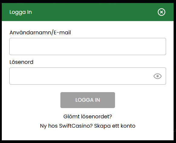 Swift Casino personligt konto inloggningsformulär