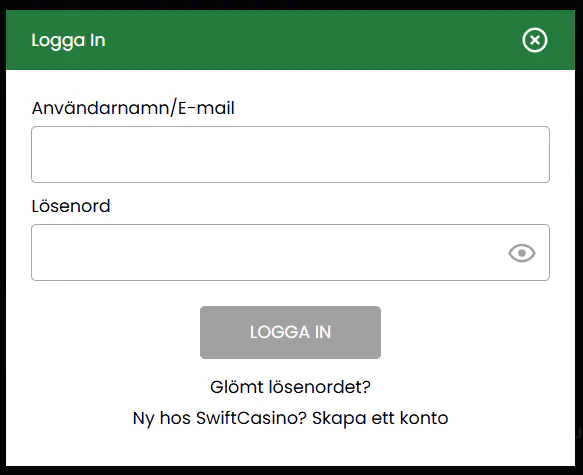Swift Casino personligt konto inloggningsformulär